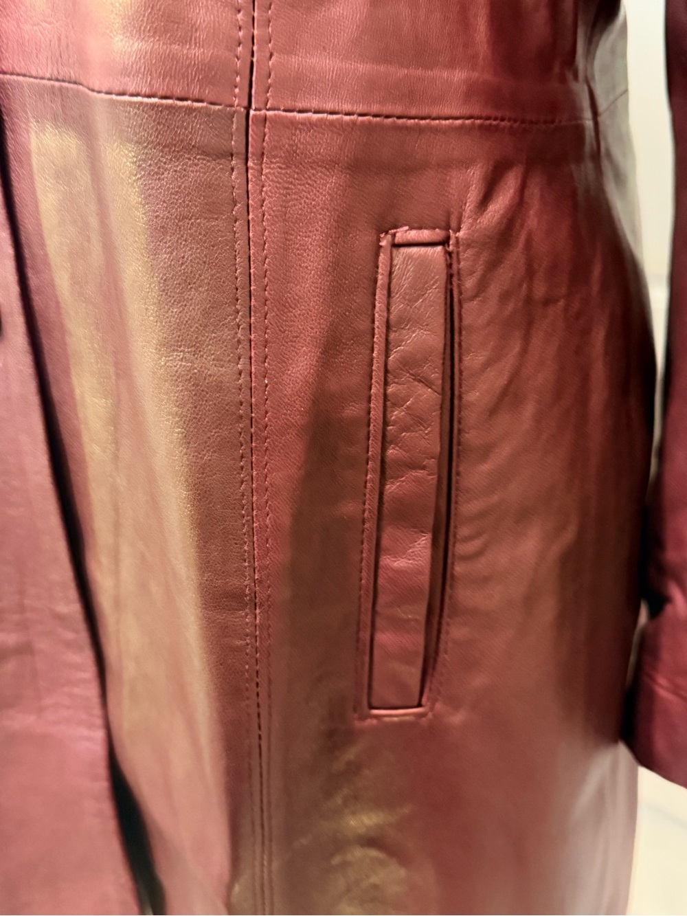 Johenic Leather Button-Front Coat in Deep Brick Red and Shimmering Gold Finish - Picture 4 of 12